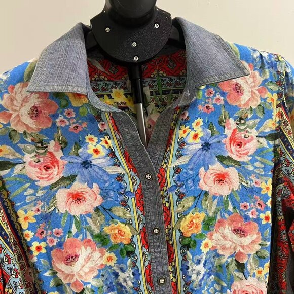 NWOT John Mark Floral Embroidered Long Roll-Tab Sleeve Shirt Tunic Blouse Top S - Picture 8 of 12